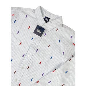 Stussy King Oxford Striped Button Down Shirt Mens Medium Long Sleeve Light Blue